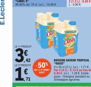 LE 1 PRODUIT  3€2  ,42  ,71  RECYCLES  TARNO  SUR LE 20 PRODUIT ACHETE  Oa  LE Z PRODUIT -50% "OASIS"  1€  DECYCLEZ-MOP THONIA  BOISSON SAVEUR TROPICAL  Oasis  4 x 50 cl (2 L). Le L: 1,71 €. Par 2 (4 