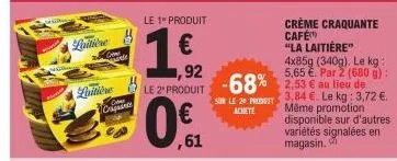 laitière  laitière  craquants  le 1" produit  €  ,61  ,92  le 2 produit -68% 2,53 € au lieu de  son le 20 produit achete  crème craquante café "la laitière"  4x85g (340g). le kg: 5,65 par 2 g):  3,84 