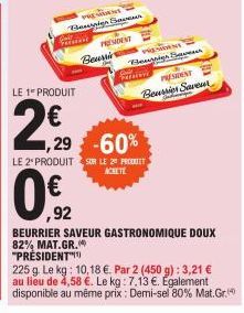 Suman  LE 1 PRODUIT  2,90  MANT Benin Be  PRESIDENT  Beurrir  PISSIDENT Berig B PRESIDENT Beurrier Saveur  Farv  1,29 -60%  LE 2" PRODUIT SUR LE 20 PRODOTT  0.2  ,92  BEURRIER SAVEUR GASTRONOMIQUE DOU