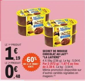 LE 1 PRODUIT  1,6  ,19  0.  -60%  LE 2 PRODUIT SUR LE 2 PRODUIT  ACHETE  48  dations Pa  Laitière Mousse  SECRET DE MOUSSE CHOCOLAT AU LAIT "LA LAITIÈRE"  4X 59g (236 g). Le kg : 5,04 €. Par 2 (472 g)