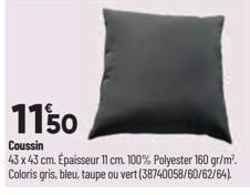 11'50  Coussin  43 x 43 cm. Épaisseur 11 cm. 100% Polyester 160 gr/m². Coloris gris, bleu, taupe ou vert (38740058/60/62/64). 