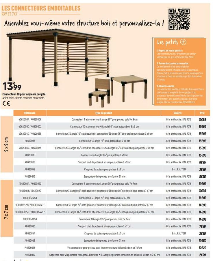 LES CONNECTEURS EMBOITABLES  9X9 ET 7X7  Assemblez vous-même votre structure bois et personnalisez-la!  1399  Connecteur 30 pour angle de pergola Acier peint. Divers modèles et formats.  CE  9 x 9 cm 