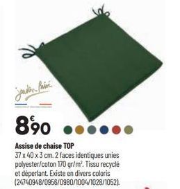 Jenden Prive  890  Assise de chaise TOP  37 x 40 x 3 cm. 2 faces identiques unies polyester/coton 170 gr/m². Tissu recyclé et déperlant. Existe en divers coloris (24740948/0956/0980/1004/1028/1052). 