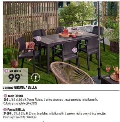 La table  99⁰  Gamme GIRONA / BELLA  Table GIRONA  99 € L. 160 x L 90 x H. 74 cm. Plateau à lattes, structure tressé en résine imitation rotin. Coloris gris graphite (9440102)  Fauteuil BELLA  24€90 L