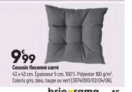 999  coussin floconne carré  43 x 43 cm. épaisseur 5 cm. 100% polyester 160 g/m². coloris gris, bleu, taupe ou vert (38740100/02/04/06)  bricorama 45 