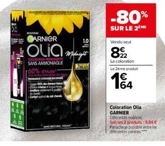 010  88 1  NOUVEAU  GARNIER  Olia  Conf  COLORATION PERMANENT  SANS AMMONIAQUE 60% d'Hulle PASSANCE COULEUR MAX  p கன்னம்  SANS COME VIGAN  1.0  3 papar  -80%  SUR LE 2⁰ M  Vendu seul  89/2  La colora