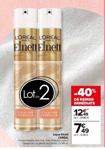 QUE MIC  FIXATION NORMALE  L'OREAL L'ORÉAL  PARIS  Elnett Elnett  Lot2  O-DIFFUS  FIXATION NORMALE  Laque Elnett L'ORÉAL  Fixation normale, Extra forte, Forte, Protection couleur, Cheveux secs ou abim