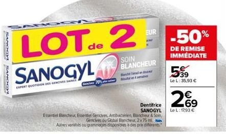 SANOGY  SANOGY  LOT de 2 SANOGYL  EXPERT QUOTIDIEN DES GENCIVES SAINS  EUR  SOIN BLANCHEUR  Banch Timel en dou  Cenes 70% 4  Dentifrice  SANOGYL  Essentiel Blancheur, Essentiel Gencives, Antibactérien