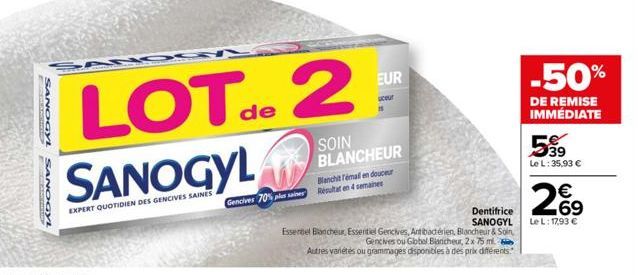 SANOGYL  SANOGY  LOT de 2  SANOGYL  EXPERT QUOTIDIEN DES GENCIVES SAINES  EUR  uceur  SOIN BLANCHEUR  Blanchit fémall en douceur Gencives 70% Résultat en 4 semaines  Dentifrice SANOGYL  Essentiel Banc