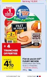 Tefal  VIGNETTE  2+1  OFFERT  +4  TRANCHES  OFFERTES  Le lot de 3  Fleuichon  FILET DE POULET  ROTI  4.10  Lekg: 1.51€  POCHETTE  CONSERNATION  SANS NITRITE  100% FILET  Filet de poulet rôti FLEURY MI