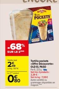 -68%  SUR LE 2  Vendu se  299  Lekg: 117€  Le 2 produt  80  QUEL P  POCKETS  8  Tortilla pockets «Offre Découverte  OLD EL PASO  Par 8, 223g Soit les 2 produits: 3,29 €. Soit le kg: 7.38€ Autres vadét