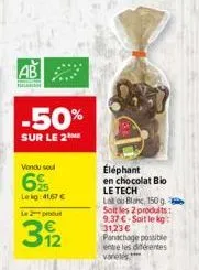 ab  lekg: 41,67 € le produt  -50%  sur le 2  312  éléphant en chocolat bio le tech  lal ou blanc, 150 g soltles 2 produits: 9.37 €-soit le kg: 31,23 € panachage possible  entre les diferentes varies 