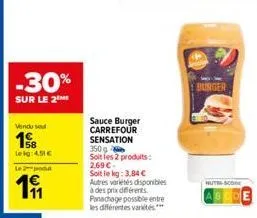 vendu se  158  leig:4,51 €  -30%  sur le 2  le 2-podu  191  sauce burger carrefour sensation 350g soit les 2 produits: 2.69 € soit le kg: 3,84 € autres variétés disponibles à des prix différents panac