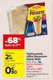 -68%  sur le 2  vendu se  299  lekg: 117€  le 2 produt  80  quel p  pockets  8  tortilla pockets «offre découverte  old el paso  par 8, 223g soit les 2 produits: 3,29 €. soit le kg: 7.38€ autres vadét