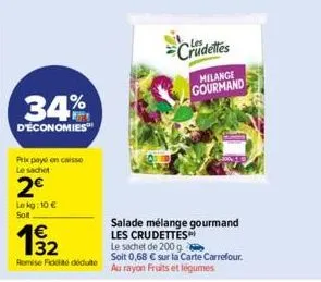 34%  d'économies  lekg: 10 € soit  prix payé en caisse le sachet  2€  192  remise fidelite déduite  crudettes  melange gourmand  salade mélange gourmand  les crudettes  le sachet de 200 g  soit 0,68 €