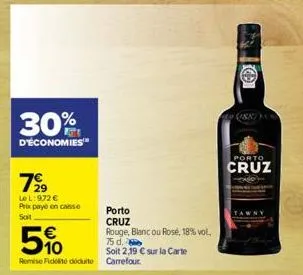 30%  d'économies™  199  le l: 972 € prix paye en casse soit  porto cruz  rouge, blanc ou rosé, 18% vol.  75 d. soit 2,19 € sur la carte  5%  remise fidelit doute carrefour.  (1887)  porto  cruz 