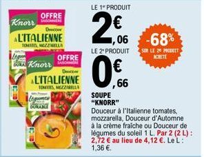Knorr  OFFRE  Descr  L'ITALIENNE  TOMARES, MOZZARELLA  OFFRE  Knorr E  Decor  Legumes  A  BURANI  ALITALIENNE TOMATES, MOZZARELLA  LE 1 PRODUIT  2€  LE 2" PRODUIT  ,66  ,06 -68%  SUR LE 20 PRODUIT ACR
