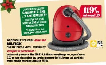 JUSGURU 3912222 GARANTIE 2 ANS +2 ANS OFFERTS  pour l'achat d'un NILA SK ONE et d'une WARRANTY BOX Render-vous sur  Aspirateur traineau avec sac NILFISK  ONE AB10POSAHB15-128390137  Compact et perform