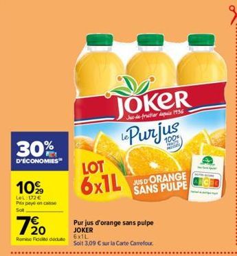 30%  D'ÉCONOMIES  10%  LeL: 172 € Prix payé en caisso Sol  7⁹0  Remise Ficte 6x1L  LOT  Jus de fruitier depuis 1956  Purjus  Pur jus d'orange sans pulpe JOKER  SANS PULPE  Soit 3,09 € sur la Carte Car