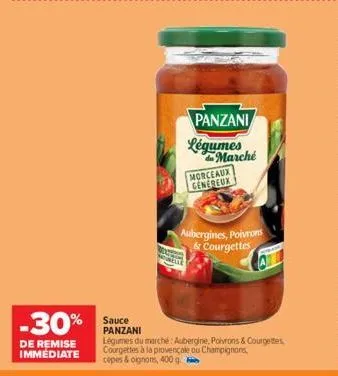 -30%  de remise immédiate  panzani  légumes marché  morceaux genereux  aubergines, poivrons & courgettes  sauce  panzani  légumes du marché: aubergine, poivrons & courgettes courgettes à la provençale