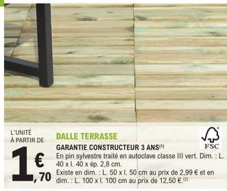 L'UNITÉ  À PARTIR DE  1  DALLE TERRASSE  GARANTIE CONSTRUCTEUR 3 ANS!")  En pin sylvestre traité en autoclave classe III vert. Dim.: L. 40 x 1. 40 x ép. 2,8 cm.  Existe en dim.: L. 50 x 1. 50 cm au pr