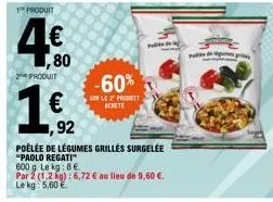 1 produit  4€  1,80  2 produit  92  poêlée de légumes grillés surgelée  "paolo regati  600 g. le kg:8€  par 2 (1.2 kg): 6,72 € au lieu de 9,60 €. le kg: 5,60 €  -60%  ser le produtt achete 