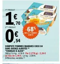 1 produit  1,€  2 produit  70  -68%  ser le 2 prod achete  alice  ,54  compote pommes mangues coco x4 sans sucres ajoutés  "charles & alice"  388 g le kg: 4,38 €. par 2 (776 g): 2,24 € au lieu de 3,40