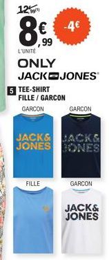 12%  8€  € -4€  ,99  L'UNITÉ  ONLY  JACK JONES  TEE-SHIRT  FILLE / GARCON  GARCON  GARCON  JACK& JACKS JONES BONES  FILLE  GARCON  JACK& JONES 