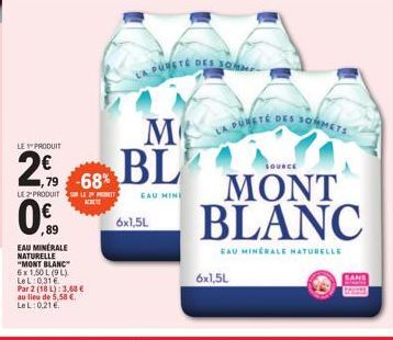 LE PRODUIT  2,9  ,79 -68%  LE 2PRODUIT LE PRETT  K  89  EAU MINERALE NATURELLE "MONT BLANC" 6x 1,50 L (9L) LeL: 0,31 €  Par 2 (18 L): 3,68 € au lieu de 5,58 €. LeL: 0,21 €  M BL  EAU MINI  LA PUUSTE D