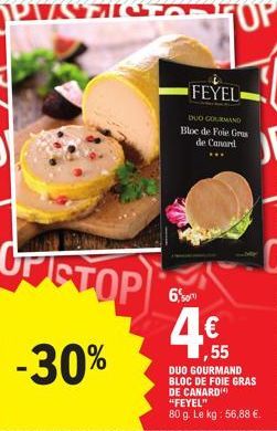 OFISTOP  -30%  FEYEL  DUO GOURMAND Bloc de Foie Gras de Canard  ...  6,50  4€  1,55  DUO GOURMAND BLOC DE FOIE GRAS DE CANARD "FEYEL" 80 g. Le kg: 56,88 €. 