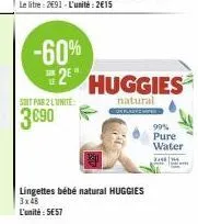 -60%  2e  soit par 2 lunite  3690  huggies  natural  lingettes bébé natural huggies 3x48  l'unité : 5e57  99% pure water  3148 