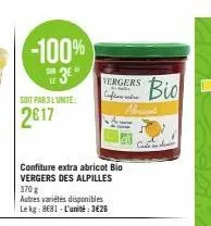 -100%  #3  soit par 3 l'unité:  2617  confiture extra abricot bio vergers des alpilles 370g  autres variétés disponibles le kg: 8681-l'unité:3€26  vergers  c  flere sare  rical  bio 