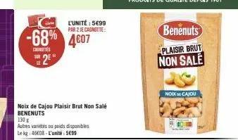 l'unité : 5€99 par 2 je cagnotte:  -68% 4607  caunottes  2  noix de cajou plaisir brut non salé benenuts  130 g  autres variétés ou poids disponibles le kg 46608-l'unité: 5699  benenuts  plaisir brut 