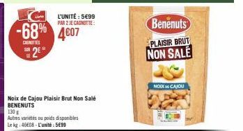 L'UNITÉ : 5€99 PAR 2 JE CAGNOTTE:  -68% 4607  CAUNOTTES  2  Noix de Cajou Plaisir Brut Non Salé BENENUTS  130 g  Autres variétés ou poids disponibles Le kg 46608-L'unité: 5699  Benenuts  PLAISIR BRUT 