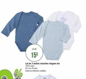 LE LOT  15€  Lot de 3 bodies manches longues bio  100% coton  Du 3 au 36 mois.  Existe en différents modèles 