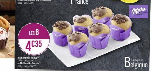 LES 6  4€35  Mini muffin milka 180g-Lekg: 24€17 ou Muffin milka fourrée 220g-Lekg 1977  Mik  Berts  తెలుగు  no  Milka 