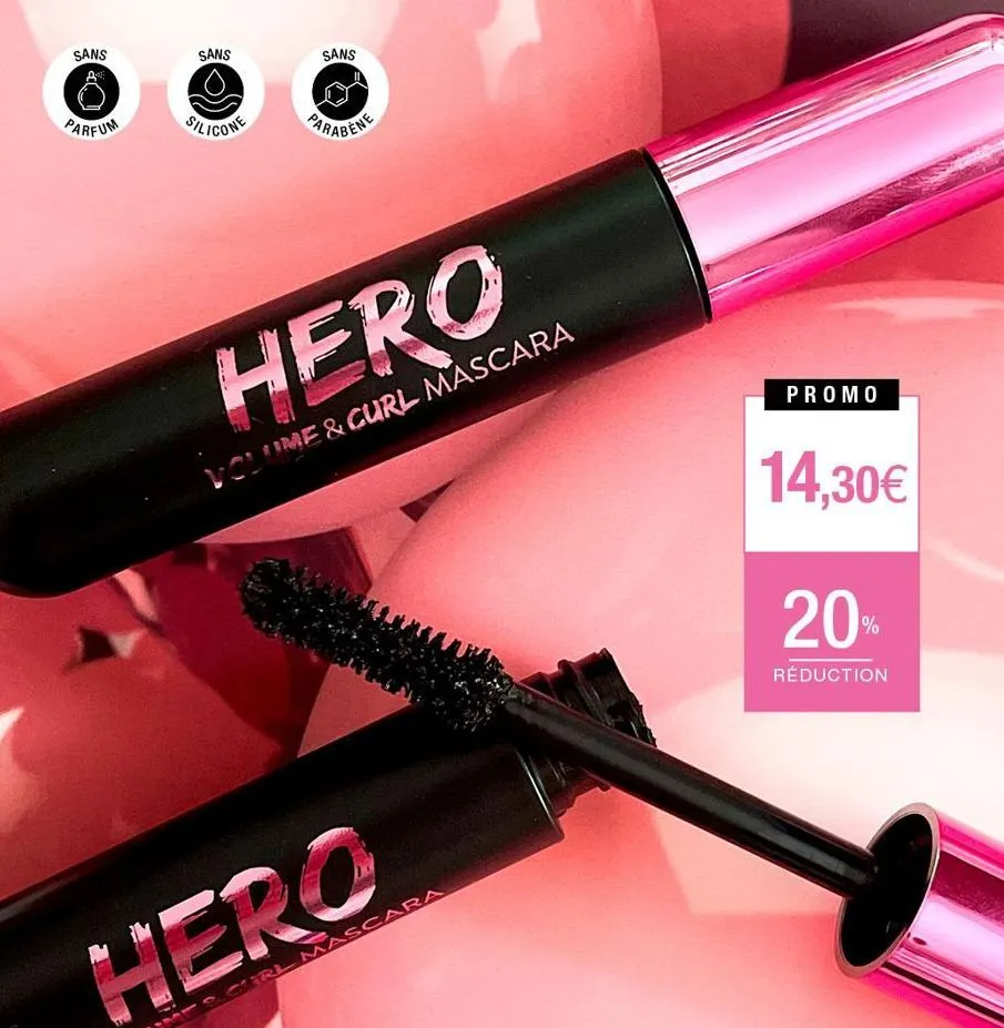 sans  a  parfum  sans  silicone  sans  parabene  hero  volume & curl mascara  hero  carl mascara  promo  14,30€  20%  réduction  