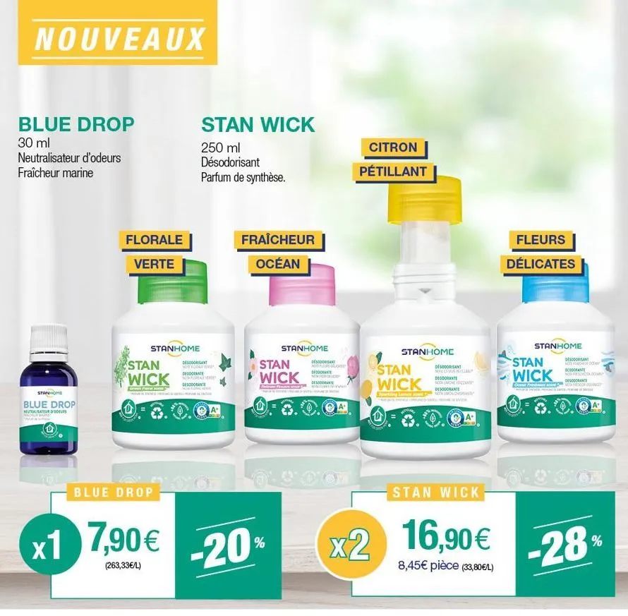 nouveaux  blue drop  30 ml  neutralisateur d'odeurs fraîcheur marine  stanhome  blue drop  metsateur d  florale  verte  stanhome  stan wick  green pa  blue drop  stan wick  250 ml désodorisant parfum 