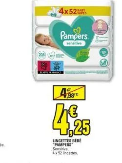 (208  plastic pre  4x52may  pampers.  sensitive  4  ,98  lingettes bébé "pampers  sensitive.  4 x 52 lingettes. 