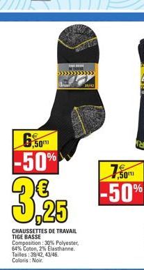 Promo Socquettes courtes homme 72% coton -26% polyester - 2% élasthanne.  Noir. 39/42 ou 43/46. chez Carrefour
