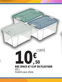 L'UNITÉ  100  50  BOX SPACE K7 CLIP EN PLASTIQUE 43 L. Coloris aux choix. 