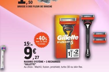 15:45  -40%  Avec la carta  Gillette FUSION5  11:2  €  ,27  RASOIRS SYSTÈME + 3 RECHARGES "GILLETTE"  Au choix: Mach3, fusion, proshield, turbo 3D ou skin flex. 