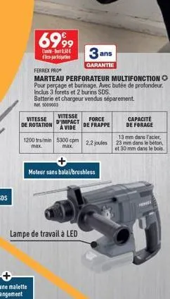 de  6999  -  fico participation  vitesse ton  ferrex pro marteau perforateur multifonction o pour perçage et burinage. avec butée de profondeur. inclus 3 forets et 2 burins sds.  batterie et chargeur 