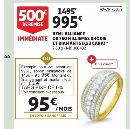 demi-alliance or 750 milliemes rhodie et diamants 0.52 carat