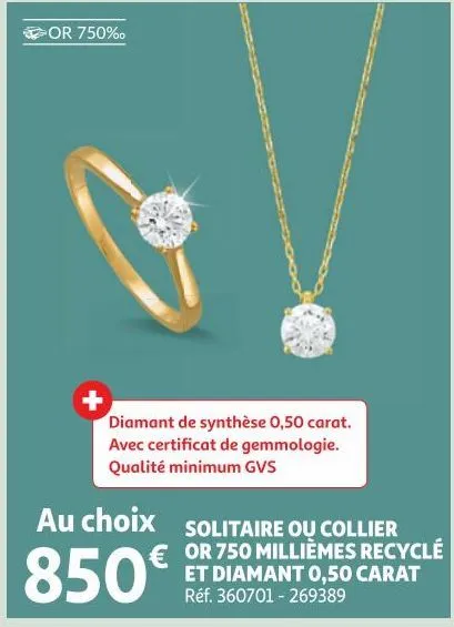 solitaire ou collier or 750 milliemes recycle et diamant 0.50 carat 
