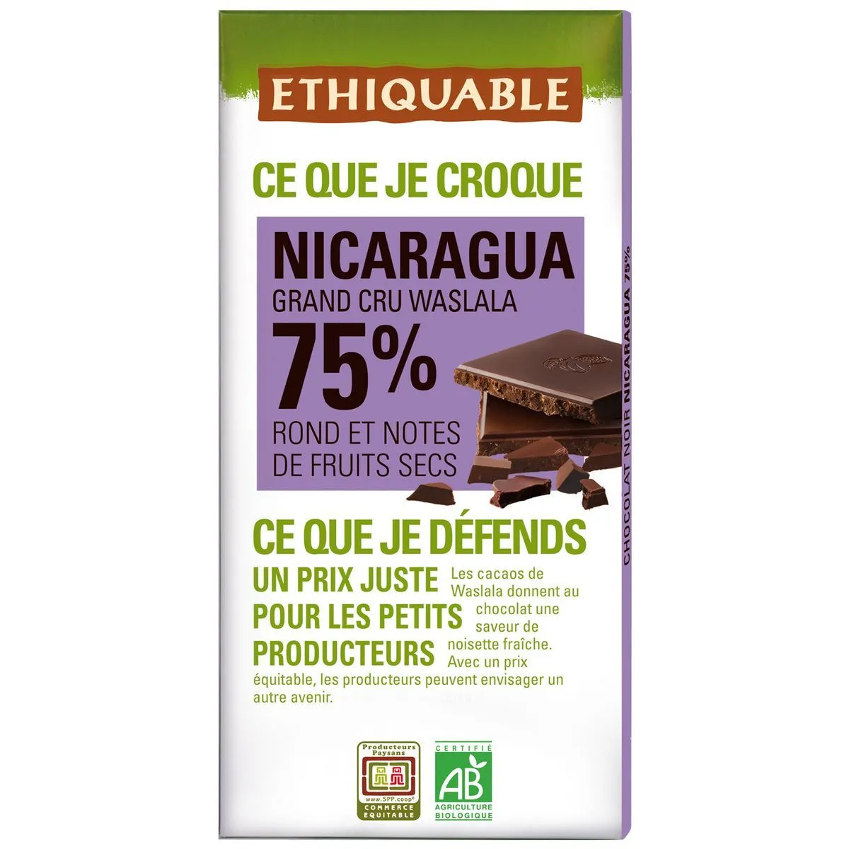 chocolat noir nicaragua 75% bio ethiquable