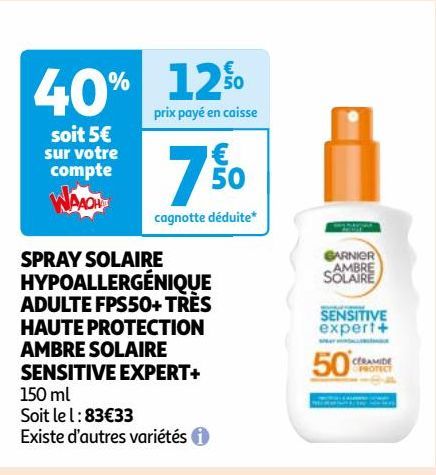SPRAY SOLAIRE  HYPOALLERGÉNIQUE  ADULTE FPS50+ TRÈS  HAUTE PROTECTION  AMBRE SOLAIRE  SENSITIVE EXPERT+