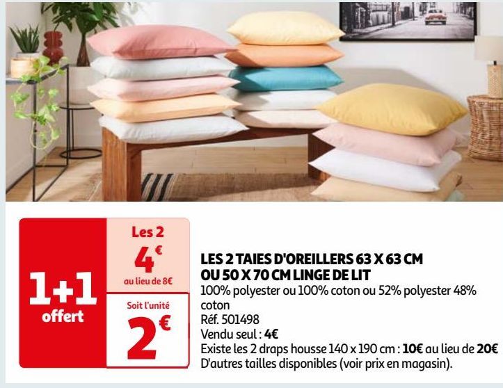 LES 2 TAIES D'OREILLERS 63 X 63 CM  OU 50 X 70 CM LINGE DE LIT