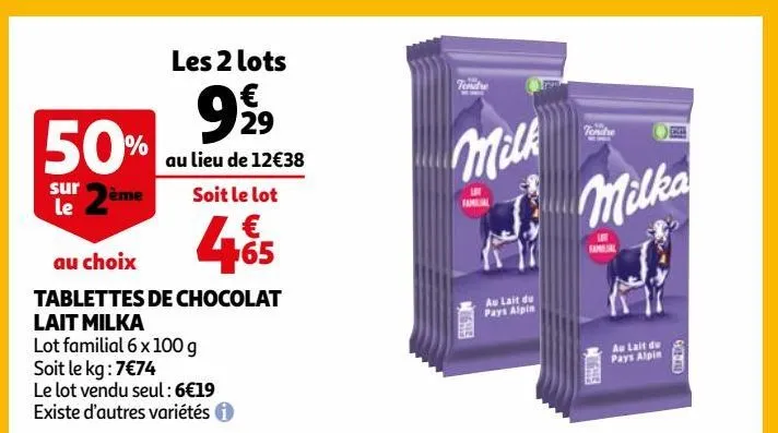 tablettes de chocolat  lait milka