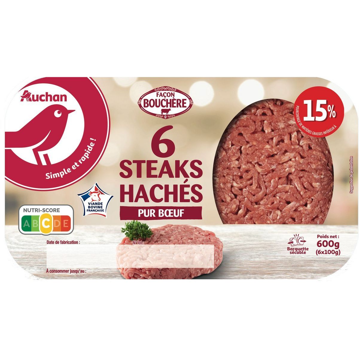  6 STEAKS HACHÉS PUR BŒUF FAÇON BOUCHÈRE AUCHAN